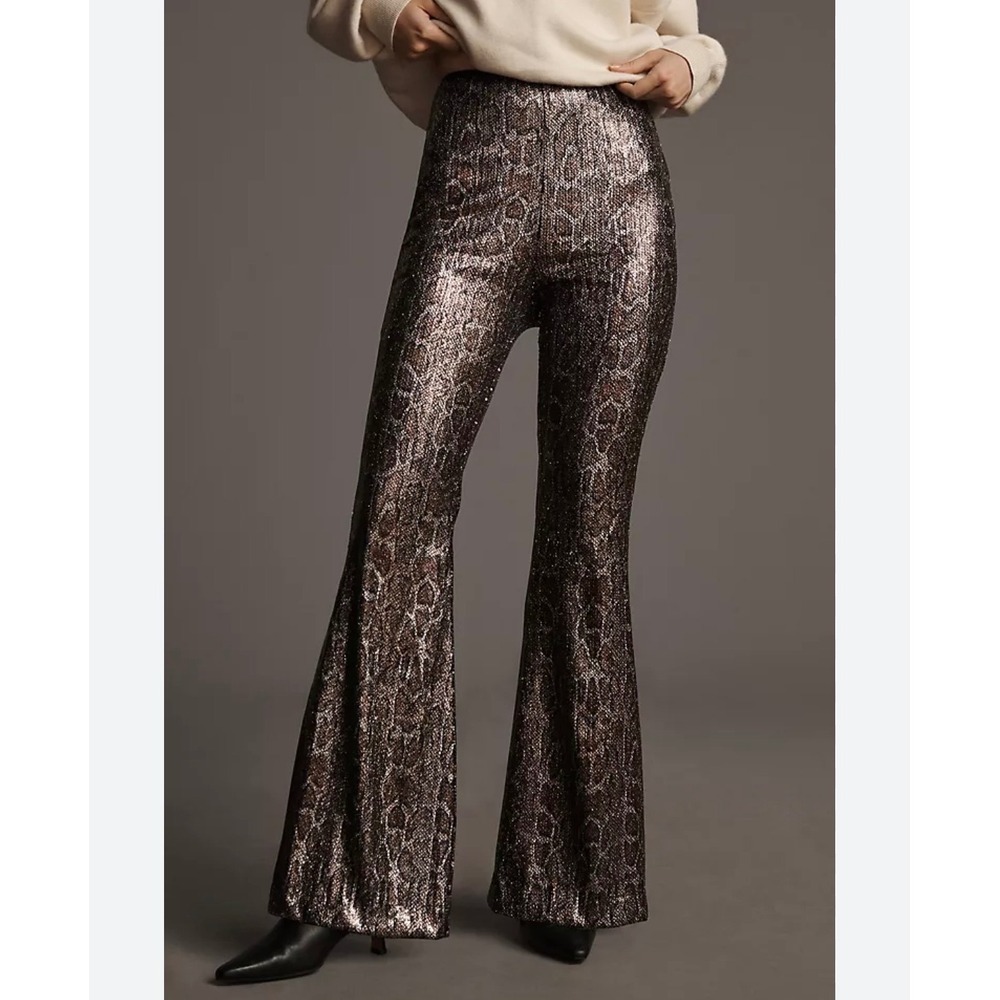 A26 ANIYE BY Sequin Flare Pants Metallic Snakeskin Print High Rise Italy M